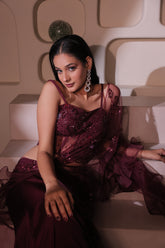 Burgundy Ruffle Saree with Embellished Corset Blouse | Ready-to-Wear Cocktail Sari